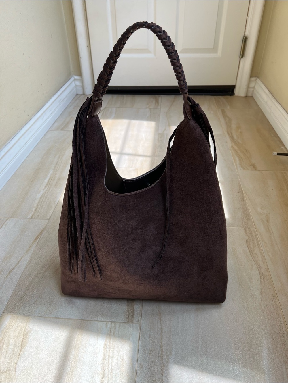 Brown Faux Suede Hobo Shoulder Bag in Dark Brown with Fringe